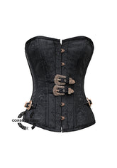 Black Brocade Antique Buckles Clasps Gothic Costume Waist Training Bustier Overbust Corset Top